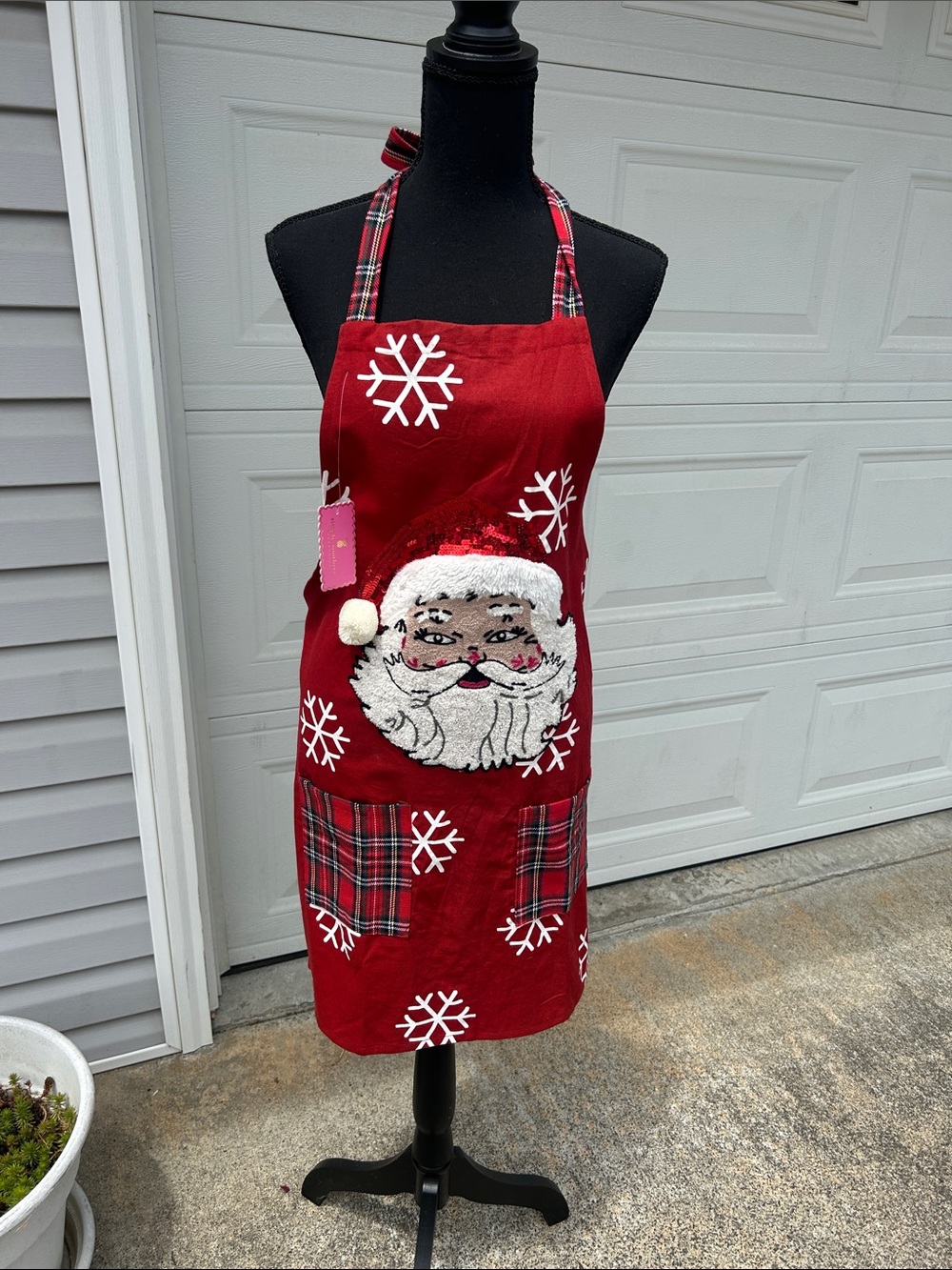 Simply Southern Red Santa & Snowflake Holiday Apron with Plaid Accents
